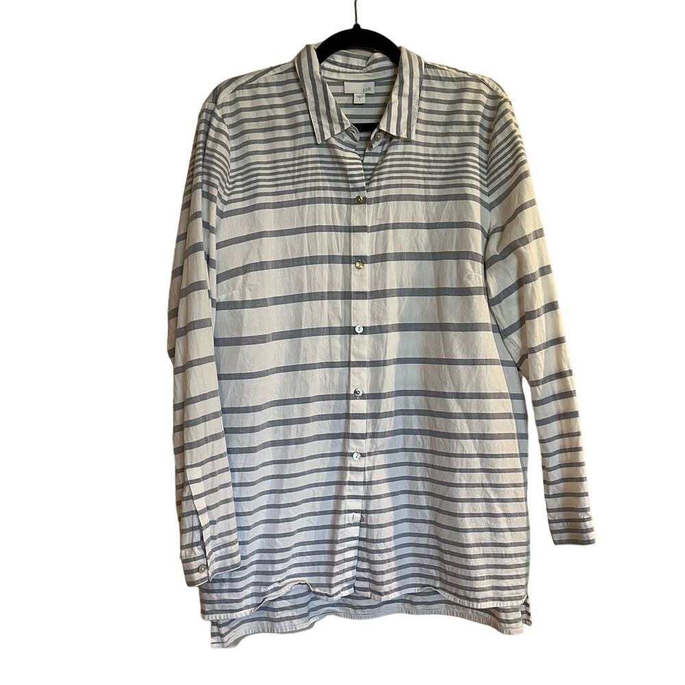 J. Jill Button Down Blouse Shirt Long Sleeve Blue White Stripe 100% Cotton Large